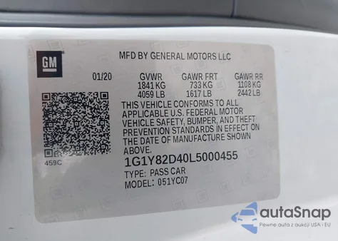 2020 Chevrolet Corvette Stingray Rwd 3Lt z USA, uszkodzony, nr VIN 1G1Y82D40L5000455